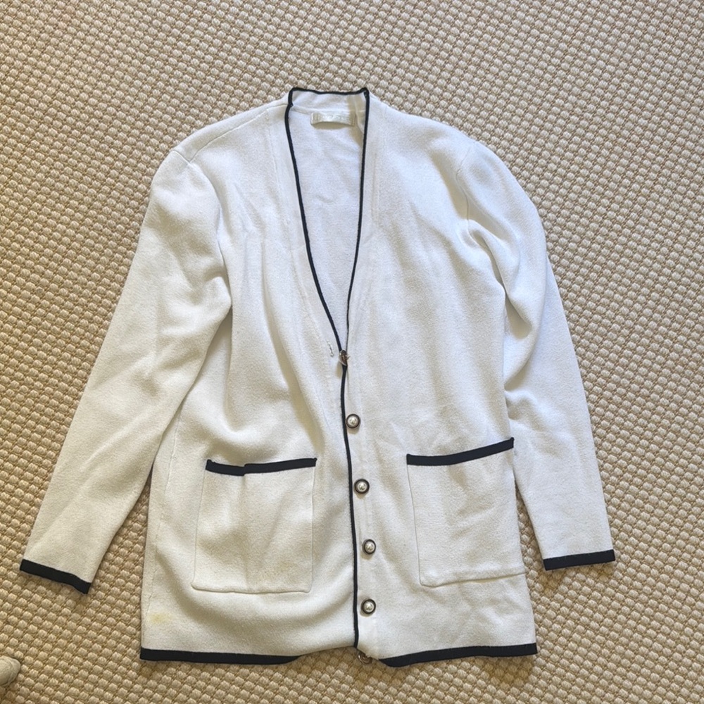 White Cardigan with Black Trim